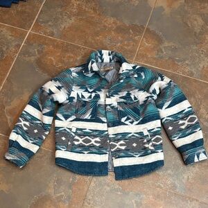 Kids Aztec Pattern Button-Up Jacket - Teal & Gray